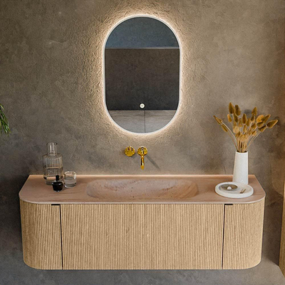 MONDIAZ KURVE-DLUX 140cm badmeubel ronding Links + Rechts kleur Oak met 1 lade en 2 deuren. Wastafel BIG SMALL Midden zonder kraangat Saba.