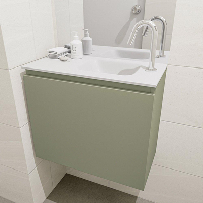 MONDIAZ OLAN Toiletmeubel 60x30x40cm met 1 kraangaten 1 lades army mat Wastafel Lex rechts Solid Surface Wit