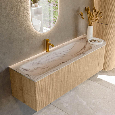 MONDIAZ KURVE-DLUX 145cm badmeubel ronding Rechts kleur Oak met 1 lade en 1 deur. Wastafel BIG LARGE Links 1 kraangat Nata.