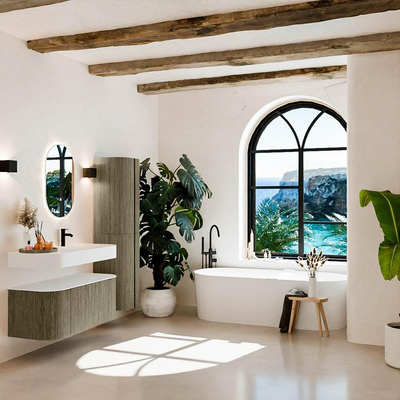 MONDIAZ THOR Meuble de salle de bains 110cm arrondi gauche + droite couleur Shadow avec 1 tiroir et 2 portes. Vasque suspendue CLOUD Droite 1 trou de robinet couleur Talc.