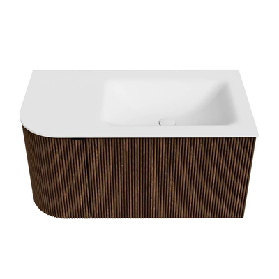 MONDIAZ KURVE Meuble de salle de bains 85 cm avec module 25 L couleur Walnut avec 1 tiroir et 1 porte. Lavabo CLOUD à droite 1 trou de robinet Talc.