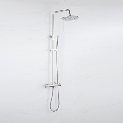 Fortifura Calvi Colonne de douche thermostatique - pomme de douche 25cm - flexible en métal - douchette stylo - inox brossé PVD