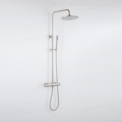 FugaFlow Eccelente Ensemble de douche de tête - thermostatique - douche de tête 30cm - flexible métallique - douchette à main sur barre - Acier inoxydable brossé PVD