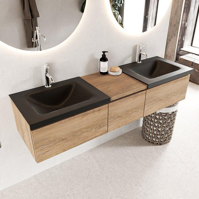 Mondiaz BUKLA badkamermeubelset 160x45x34cm 2 kraangaten 2 wasbakken solid surface Urban greeploos 3 lades met softclose Melamine Washed Oak