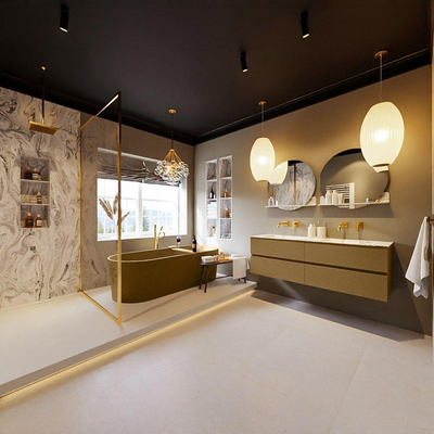 MONDIAZ VICA-DLUX Ensemble meuble de salle de bains - 150cm - meuble bas oro - 4 tiroirs - lavabo encastré cloud double - sans trous de robinetterie - version haute 60cm - glace