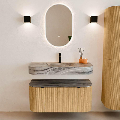 MONDIAZ THOR-DLUX 100cm meuble de salle de bains arrondi gauche + droite couleur Oak avec 1 tiroir et 2 portes. Vasque suspendue CLOUD Milieu 1 trou de robinet couleur Sombra.