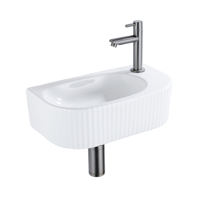 QeramiQ Blend Ensemble de lavabo - 40x21.5x12cm - droite - cannelé - demi-rond - 1 trou de robinet - céramique - robinet de lavabo gunmetal - bouchon de vidange - siphon abaissé - blanc brillant