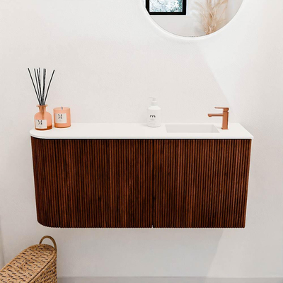 Mondiaz JOYA 91.6cm toiletmeubel - ronding links kleur Ruby - Wastafel FAYE positie Rechts 1 kraangat kleur Talc.