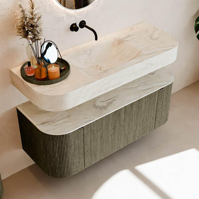 MONDIAZ THOR-DLUX Meuble de salle de bains 120cm arrondi gauche + droite couleur Shadow avec 1 tiroir et 2 portes. Vasque suspendue CLOUD Centre sans trou de robinet couleur Ostra.