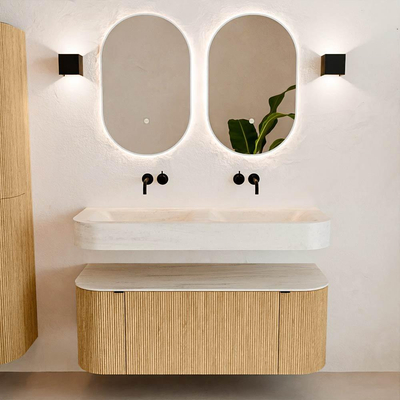 MONDIAZ THOR-DLUX 120cm badmeubel ronding links + rechts kleur Oak met 1 lade en 2 deuren. Vrijhangende wastafel CLOUD Dubbel zonder kraangat kleur Meli.