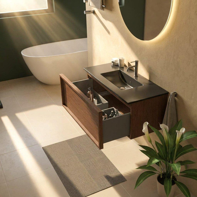 Saniclass Holz Frame Ensemble meuble de salle de bains - 100x45x42cm - Lavabo Vygo en céramique noir - 1 vasque - 1 trou de robinet - 1 tiroir - walnut pure mat (bois)