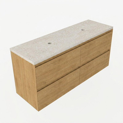 Saniclass Holz Pure Ensemble meuble de salle de bains - 140x45x63cm - Plan de travail en pierre naturelle travertin - sans trou de robinetterie - 4 tiroirs - chêne naturel mat (bois)