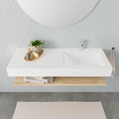 MONDIAZ ALAN 120cm - Ensemble meuble de salle de bains - tablette - chêne blanchi - lavabo suspendu - vasque à droite - 1 trou de robinet - talc