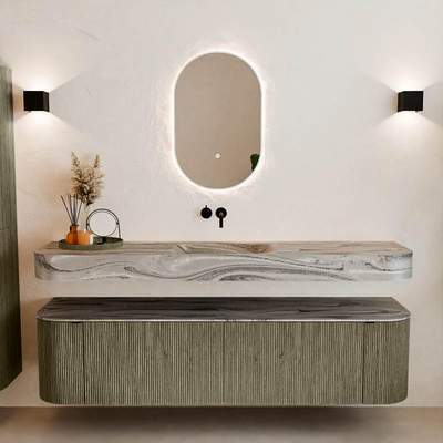 MONDIAZ THOR-DLUX 180cm badmeubel ronding links + rechts kleur Shadow met 2 lades en 2 deuren. Vrijhangende wastafel CLOUD Midden zonder kraangat kleur Sombra.