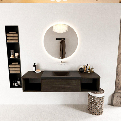 MONDIAZ BUKLA Meuble de salle de bains 160 cm avec module ouvert 40 L+R couleur Dark Brown avec 1 tiroir. Lavabo CLOUD central 0 trou de robinet couleur Urban.