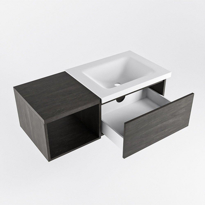 Mondiaz BUKLA Meuble de salle de bains 100 cm avec module ouvert 40 couleur Dark Brown avec 1 tiroir. Lavabo CLOUD à droite 1 trou de robinet couleur Talc.