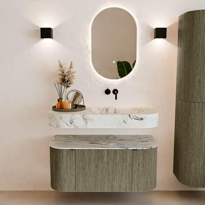 MONDIAZ THOR-DLUX 100cm meuble de salle de bains arrondi gauche + droite couleur Shadow avec 1 tiroir et 2 portes. Vasque suspendue CLOUD droite sans trou de robinet couleur Glace.