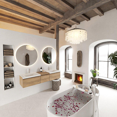 MONDIAZ BUKLA meuble de salle de bain 160 cm avec module 40 couleur Chêne blanchi avec 3 tiroirs. Lavabo CLOUD double 2 trous de robinet couleur Talc.