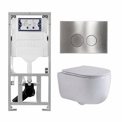 QeramiQ Dely Swirl Ensemble WC- 36,3x51,7 cm - Réservoir encastré Geberit UP320 - Abattant fin - Plaque de commande en inox- Boutons ronds - Blanc brillant