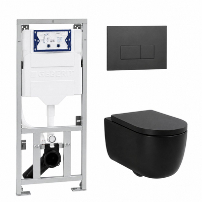 QeramiQ Dely Swirl Pack WC suspendu - 36.3x51.7cm - bâti-support Geberit UP320 - abattant slim - plaque de commande anthracite mat - boutons rectangulaires - noir mat