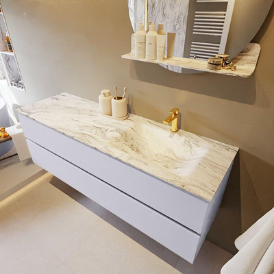 Mondiaz VICA-DLUX ensemble de meuble de salle de bain - 150cm - meuble sous-vasque cale - 2 tiroirs - lavabo encastré cloud droite - 1 trou de robinet - version haute de 60cm - glace