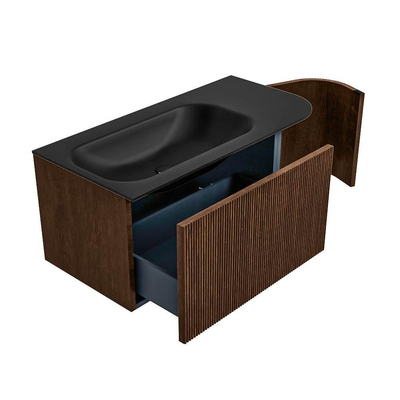 MONDIAZ KURVE Meuble de salle de bains 95cm avec module 25 R couleur Walnut avec 1 tiroir et 1 porte. Lavabo BIG SMALL gauche sans trou de robinet Urban.