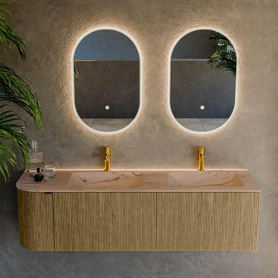 MONDIAZ KURVE-DLUX Meuble de salle de bains 155cm arrondi à gauche couleur Dusk avec 2 tiroirs et 1 porte. Lavabo LEAF Double / Droite 2 trous de robinet Arena.