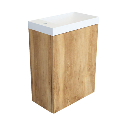 Arcqua Marble lave-mains – 40 x 22 x 54,5 cm – marbre blanc mat – sans robinet – cadre chêne naturel, sans trop-plein
