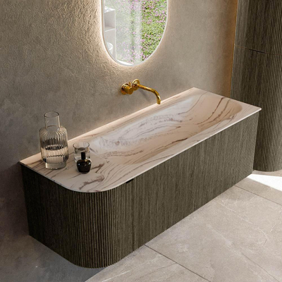 MONDIAZ KURVE-DLUX Meuble de salle de bains 125cm arrondi à gauche couleur Shadow avec 1 tiroir et 1 porte. Lavabo BIG MEDIUM à droite sans trou de robinet Nata.