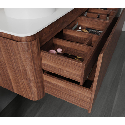 Saniclass Terra Meuble de salle de bains - 140cm - 4 tiroirs - coins arrondis - plan de toilette solid surface - châtaignier (noyer)