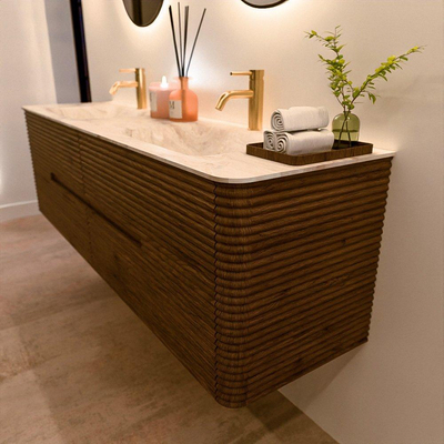 Mondiaz CIRO-DLUX Badkamermeubelset - 170x45x50cm - Solid surface wastafel Frappe - 2 wasbak Dubbel - 2 kraangaten - 4 lades - Dusk