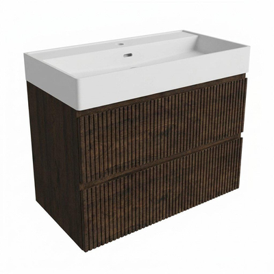 Saniclass Holz Atelier Badkamermeubelset - 80x45x72cm - Legend keramische wastafel mat wit - 1 wasbak - zonder kraangat - 2 lades - mat eiken charcoal (hout)
