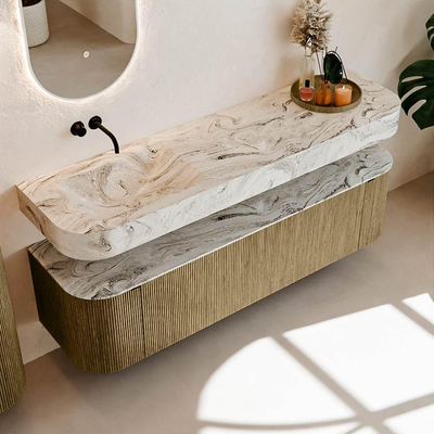 MONDIAZ THOR-DLUX 170cm meuble de salle de bains arrondi gauche + droite couleur Dusk avec 1 tiroir et 2 portes. Vasque suspendue CLOUD Gauche sans trou de robinet couleur Glace.