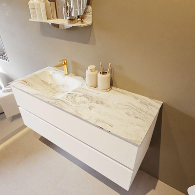 Mondiaz VICA-DLUX Ensemble de meuble de salle de bain - 120cm - meuble sous-vasque talc - 2 tiroirs - lavabo encastré cloud gauche - 1 trou de robinet - version haute de 60cm - glace