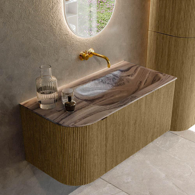 MONDIAZ KURVE-DLUX Meuble de salle de bains 95cm arrondi à gauche couleur Dusk avec 1 tiroir et 1 porte. Lavabo BIG SMALL à droite sans trou de robinet Sombra.