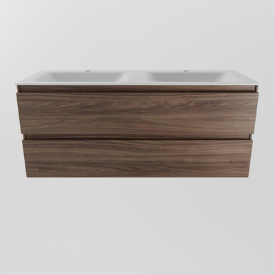 Mondiaz Aivy badmeubelset - 120x45x50cm - 2 kraangaten - 2 wasbakken talc Solid surface - Links en rechts - 2 lades - Met spiegel - Melamine Mocha