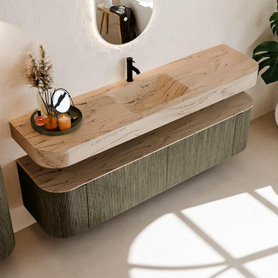 MONDIAZ THOR-DLUX 180cm meuble de salle de bains arrondi gauche + droite couleur Shadow avec 2 tiroirs et 2 portes. Vasque suspendue CLOUD Milieu 1 trou de robinet couleur Arena.