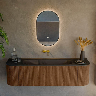 MONDIAZ KURVE 160cm Meuble salle de bain avec module 25 G et D - couleur Walnut - 1 tiroir - 2 portes - vasque BIG MEDIUM centre - sans trous de robinet - Urban