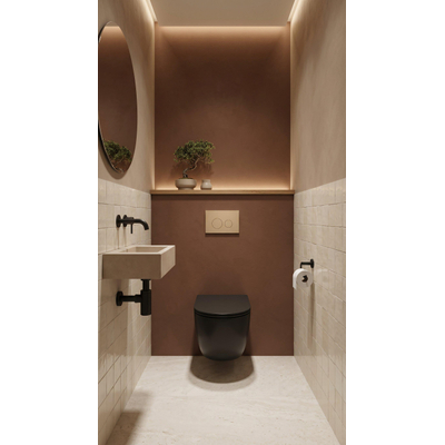 QeramiQ Dely Toiletset - 36.3x51.7cm - diepspoel - rimless - Geberit UP720 inbouwreservoir - softclose toiletzitting - bedieningsplaat taupe - ronde knoppen - zwart mat