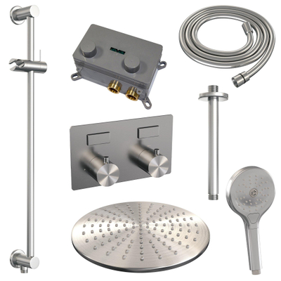 BRAUER Brushed Edition Douche de pluie thermostatique encastrée - boutons-poussoirs - SET 72 - pomme de douche 30cm - bras de plafond - douchette 3 jets - flexible de douche - barre de douche intégrée - inox brossé PVD