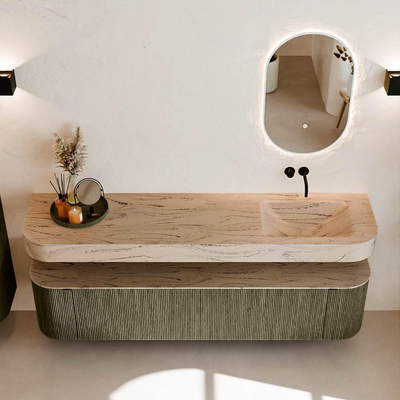 MONDIAZ THOR-DLUX 190cm meuble de salle de bains arrondi gauche + droite couleur Shadow avec 2 tiroirs et 2 portes. Vasque suspendue CLOUD droite sans trou de robinet couleur Arena.