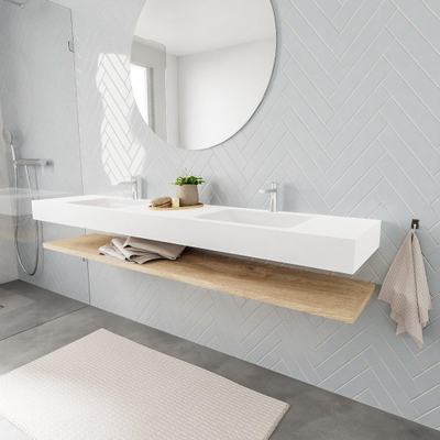 MONDIAZ ALAN 200cm - Ensemble meuble de salle de bains - étagère - chêne blanchi - lavabo suspendu - 2 vasques - 2 trous de robinetterie - talc
