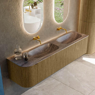 MONDIAZ KURVE-DLUX 175cm meuble de salle de bains arrondi Gauche couleur Dusk avec 2 tiroirs et 1 porte. Lavabo STOR SMALL Double / Droite sans trou de robinet Oza.