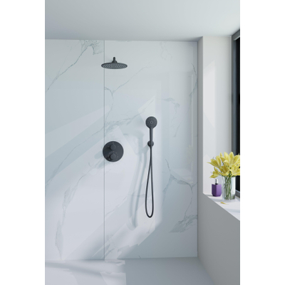 Fortifura Calvi Ensemble de douche à l'italienne - rond - thermostatique - bras mural - douche principale de 25 cm - douchette ronde - flexible lisse - noir mat