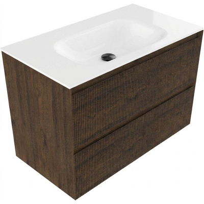 Saniclass Holz Atelier Ensemble meuble de salle de bains - 80x45x61.5cm - Flow lavabo Solid Surface blanc - 1 vasque - sans trou de robinetterie - 2 tiroirs - chêne charcoal mat (bois)
