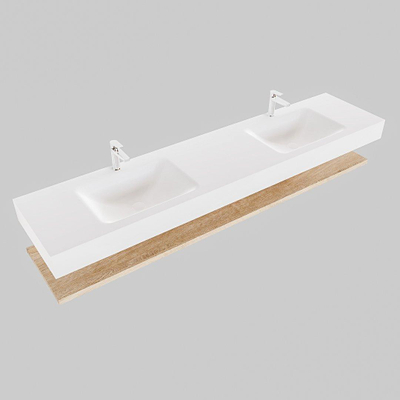 MONDIAZ ALAN 200cm - Ensemble meuble de salle de bains - étagère - chêne blanchi - lavabo suspendu - 2 vasques - 2 trous de robinetterie - talc