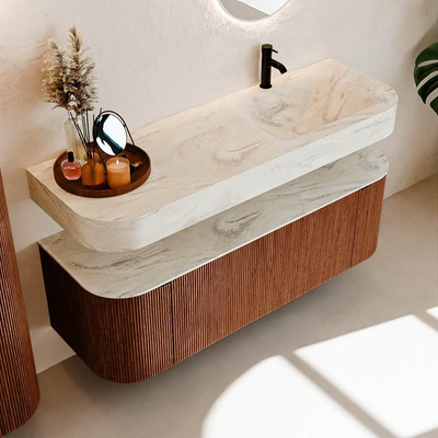 MONDIAZ THOR-DLUX 140cm meuble de salle de bains arrondi gauche + droite couleur Ruby avec 1 tiroir et 2 portes. Vasque suspendue CLOUD Droite 1 trou de robinet couleur Ostra.