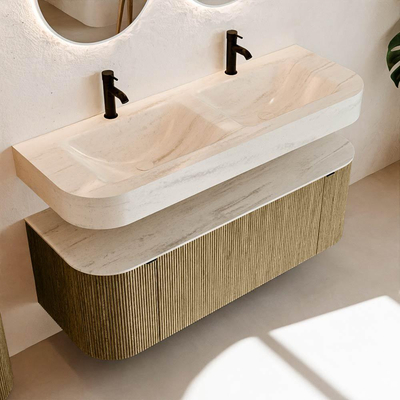 MONDIAZ THOR-DLUX 130cm meuble de salle de bains arrondi gauche + droite couleur Dusk avec 1 tiroir et 2 portes. Vasque suspendue CLOUD Double 2 trous de robinet couleur Meli.