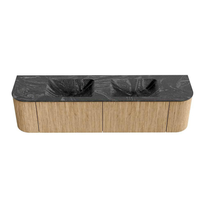 MONDIAZ KURVE-DLUX 180cm Meuble salle de bain avec module 25 G et D - couleur Oak - 2 tiroirs - 2 portes - vasque LEAF double - sans trou de robinet - couleur Lava