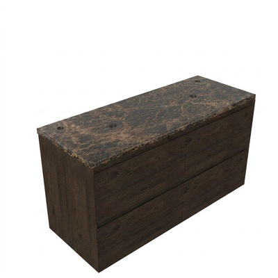 Saniclass Holz Pure Ensemble de meubles de salle de bains - 120x45x63cm - Plan de travail en pierre naturelle Noche dark emperador - 2 trous de robinet - 4 tiroirs - chêne charcoal mat (bois)